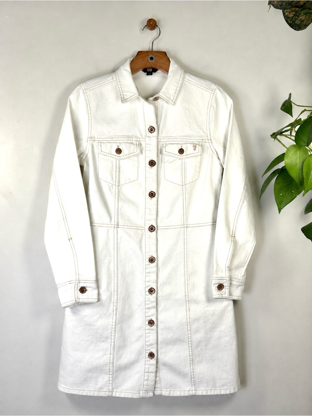 Frye White Denim Button Front Shirt Dress Long Jacket Size XS NWOT